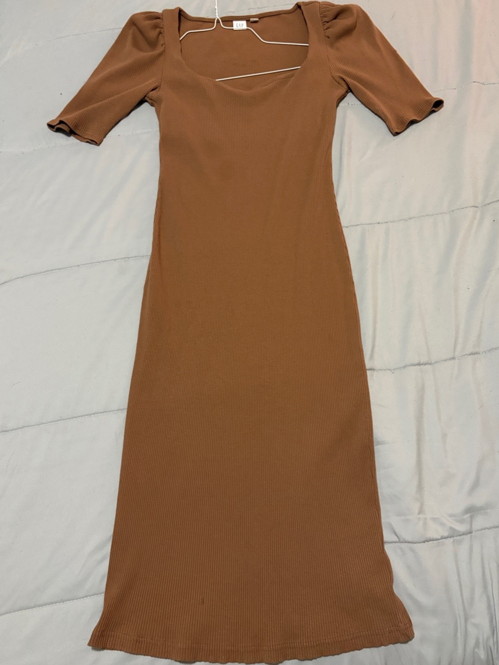 GAP Ribbed Square-Neck Midi Dress in Camel Brown